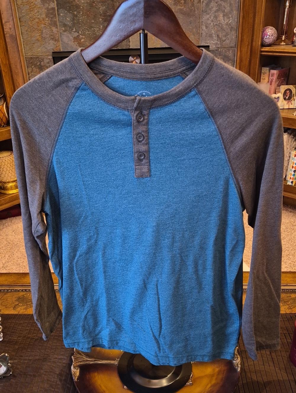 Faded Glory Blue Body Charcoal Raglan Henley Long-Sleeve Tee XL 14 16